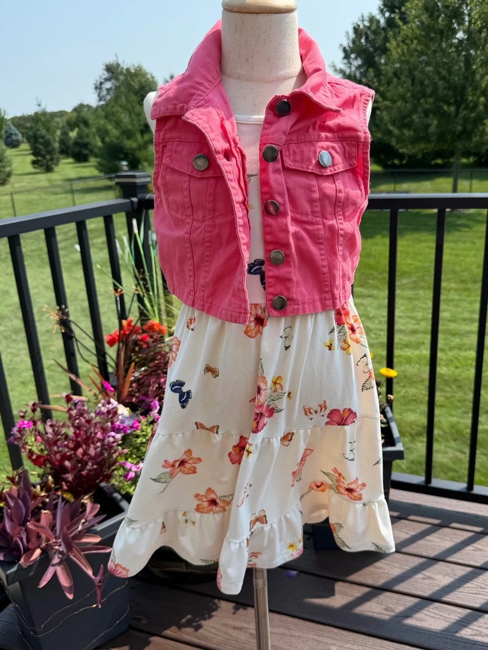 Knit Works Girls Floral Butterfly High Low Dress + Pink Denim Vest Size 8